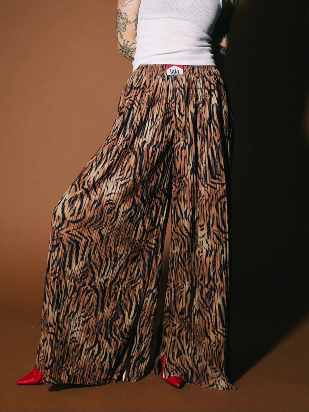 Dressed in Lala Total Knock Out Pleated Boxer Pants in Tiger Stripes, M L